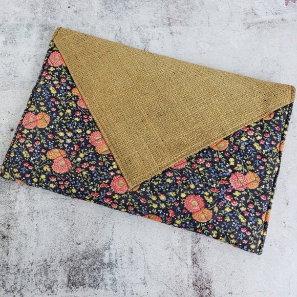 Vintage Bohemian Cottagecore Jute Floral Quilted Envelope Clutch Purse - Picture 4 of 11